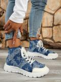 Autumn Winter Thick-Soled Washed Denim Plaid Women Casual Short Boots