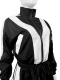 Women Zipper Patchwork Contrast Top and Pants Two Piece Set