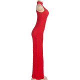 Summer Solid Color Round Neck Sleeveless Slim High Waist Long Dress