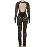 Women Sexy Lace Hollow See-Through Bodysuit and Pants Two Piece Set