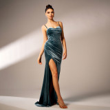 Strap Formal Party Velvet High-Slit Evening Dress Female Bridesmaid Gown