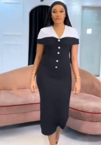 Chic Career Slim V-Neck Button Color Matching Bodycon Dress