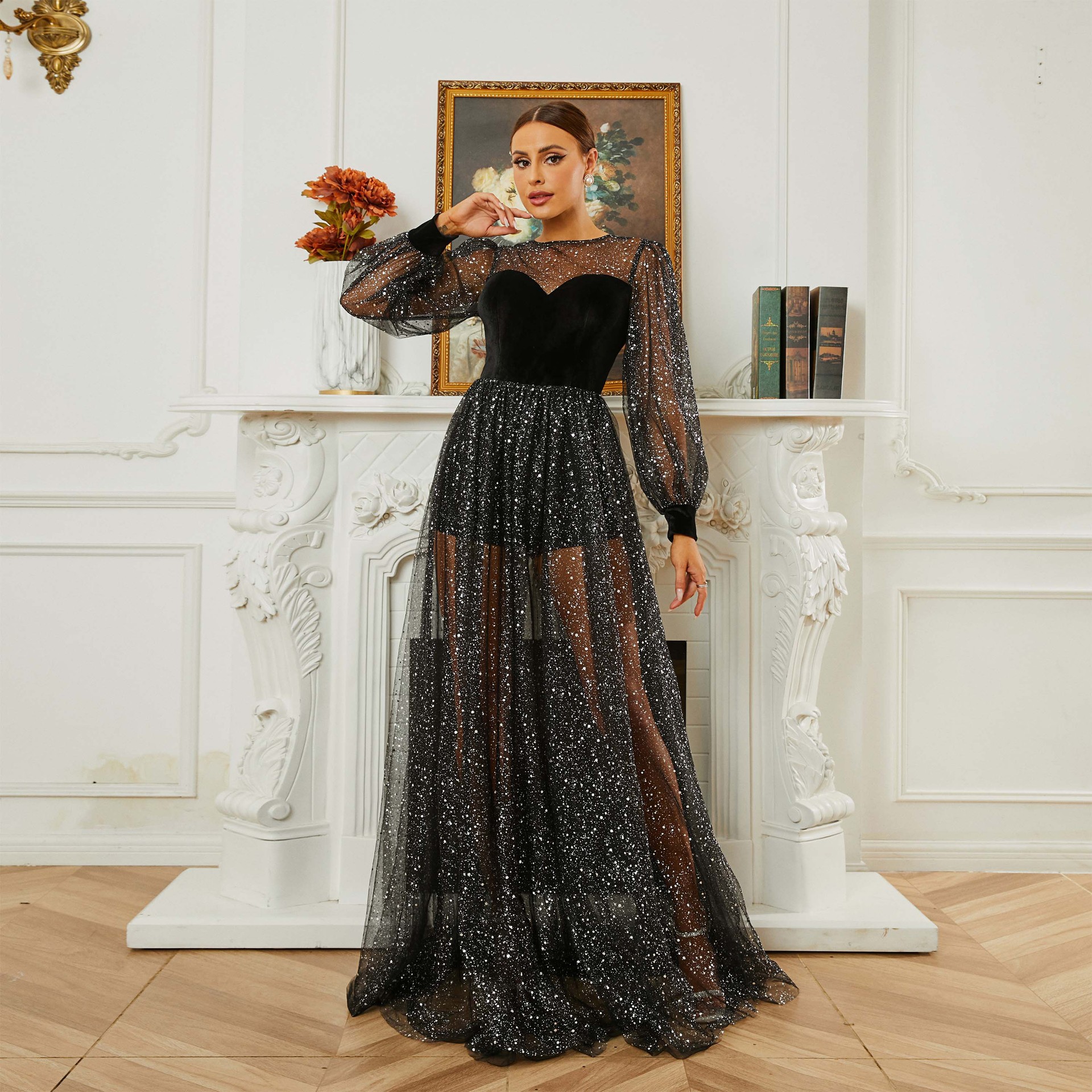 Long Sleeve Round Neck Formal Party Sequin Mesh Evening Dress Female Bridesmaid Gown