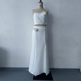 Summer Solid Color Strapless Tops Slit Long Skirts Fashion Two Piece Set
