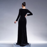 Long Sleeve V-Neck Formal Party Velvet Bodycon High-Slit Evening Dress Female Bridesmaid Gown