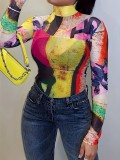 Women's Fashion Casual Color Block Print Long Sleeve Top