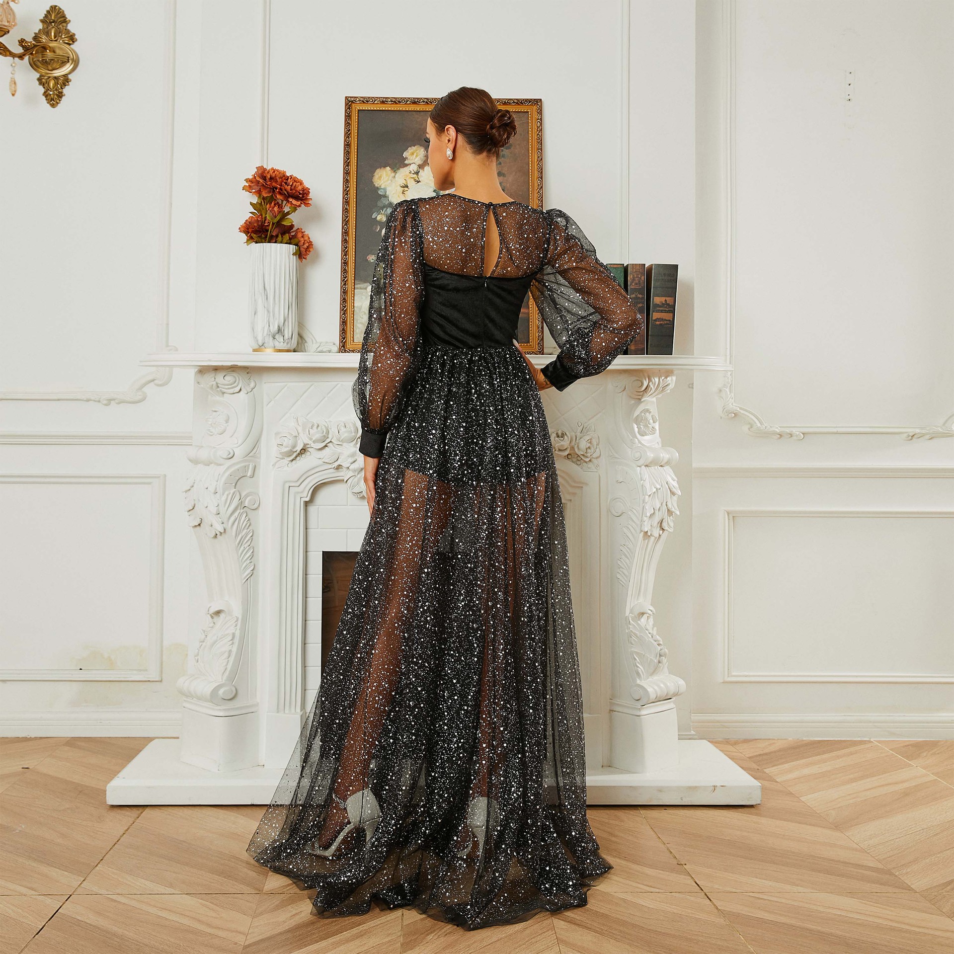 Long Sleeve Round Neck Formal Party Sequin Mesh Evening Dress Female Bridesmaid Gown