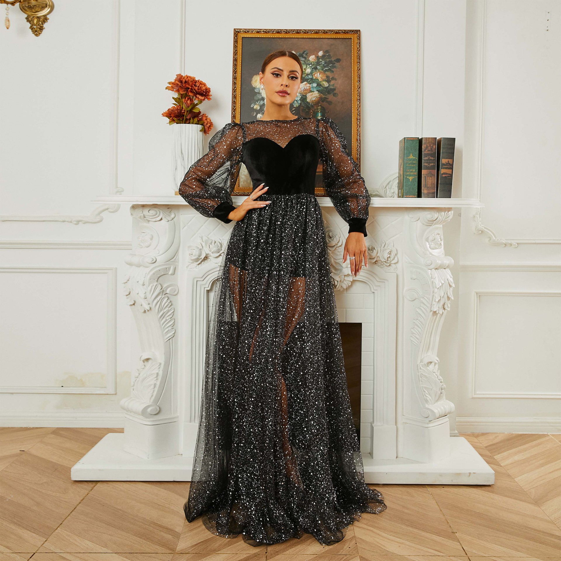 Long Sleeve Round Neck Formal Party Sequin Mesh Evening Dress Female Bridesmaid Gown