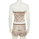 Women Leopard Print Contrast Lace Strapless Top+Mini Skirt Two Piece Set