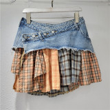 Women American Plaid Patchwork Irregular Denim Skirt