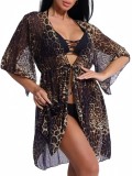 Bikini Three-Piece Printed Mesh Women's Short-Sleeved Sunscreen Robe Swimsuit