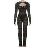 Women Sexy Lace Hollow See-Through Bodysuit and Pants Two Piece Set