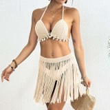 Women Patchwork Lace-Up Tassel Skirt Bikini Two Piece Set