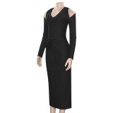 Autumn Solid Color V-Neck Halter Neck Slim Long Sleeve Sexy High Waist Dress