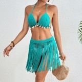 Women Patchwork Lace-Up Tassel Skirt Bikini Two Piece Set