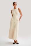 Women Knitting Elegant Sleeveless Button Dress