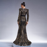 Women long-sleeved V-neck Bodycon Formal Party sequin fishtail evening dress