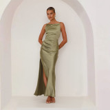 Women Solid Sexy Backless Slit Sleeveless Strap Dress