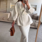 Women Solid Button Puff Sleeve Top and Skirt Two Piece Set