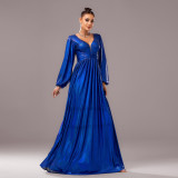 Women long-sleeved V-neck Formal Party Shiny evening dress
