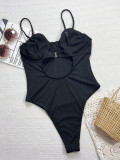 Women Black Hollow Lace-Up One-Piece Swimwear
