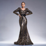 Women long-sleeved V-neck Bodycon Formal Party sequin fishtail evening dress