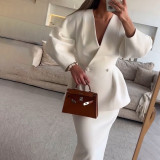 Women Solid Button Puff Sleeve Top and Skirt Two Piece Set
