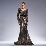 Women long-sleeved V-neck Bodycon Formal Party sequin fishtail evening dress