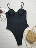Women Black Hollow Lace-Up One-Piece Swimwear