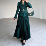Women Button Blazer and Pleated Skirt Two Piece Set