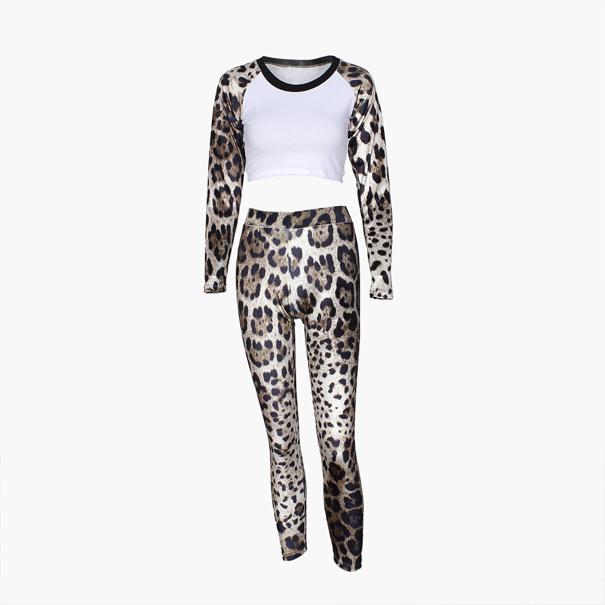 Women leopard Patchwork sexy long sleeve Crop Top and Pants Two Piece Set