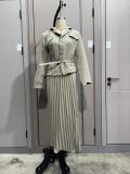 Women Button Blazer and Pleated Skirt Two Piece Set