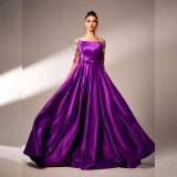 Women long-sleeved square neck Formal Party applique evening dress