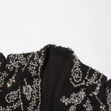 Women rhinestone beaded Open Waist long sleeve Blazer
