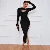 Women Hollow Knot Long Sleeve Sexy Slit Dress