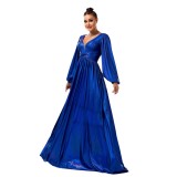 Women long-sleeved V-neck Formal Party Shiny evening dress