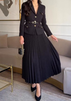 Women Button Blazer and Pleated Skirt Two Piece Set