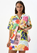 Women Graffiti Print Top and Skirt Two Piece Set