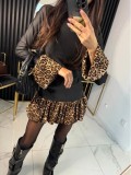 Women Spring Leopard Print Patchwork Bell Bottom Sleeve Mini Dress