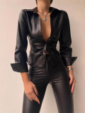 Women autumn and winter long sleeve Turndown Collar button solid leather jacket