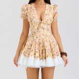 Women Sexy V Neck Printed Fluffy Mini Dress