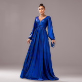 Women long-sleeved V-neck Formal Party Shiny evening dress