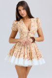 Women Sexy V Neck Printed Fluffy Mini Dress