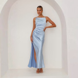 Women Solid Sexy Backless Slit Sleeveless Strap Dress