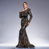 Women long-sleeved V-neck Bodycon Formal Party sequin fishtail evening dress