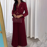 Women Button Blazer and Pleated Skirt Two Piece Set