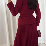Women Button Blazer and Pleated Skirt Two Piece Set