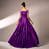 Women long-sleeved square neck Formal Party applique evening dress