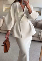 Women Solid Button Puff Sleeve Top and Skirt Two Piece Set