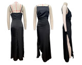 Women Solid Sexy Backless Slit Sleeveless Strap Dress